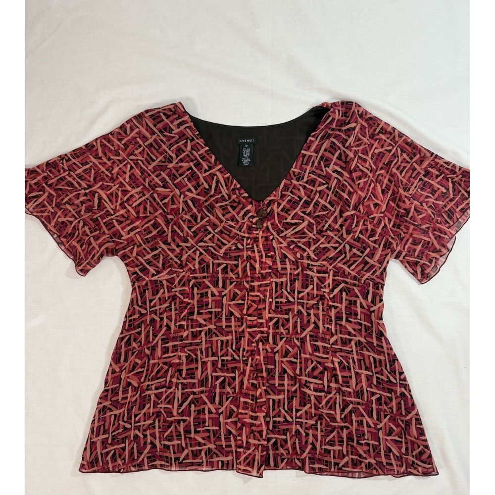 Nine West Blouse Top Womens Size 12 Red 100% Silk V Neck Pullover Y2K